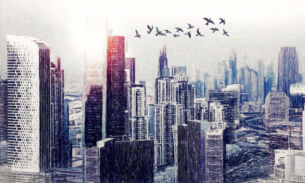 Oiseaux volant au-dessus d'une ville Oiseaux volant au-dessus d'une ville