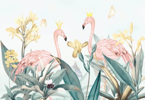 Groupe de flamants roses avec couronnes et fleurs Groupe de flamants roses avec couronnes et fleurs