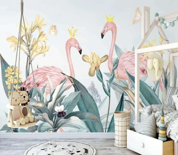 Groupe de flamants roses avec couronnes et fleurs Groupe de flamants roses avec couronnes et fleurs