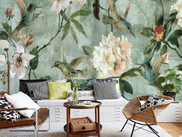 Papier peint avec des oiseaux et des fleurs Papier peint avec des oiseaux et des fleurs