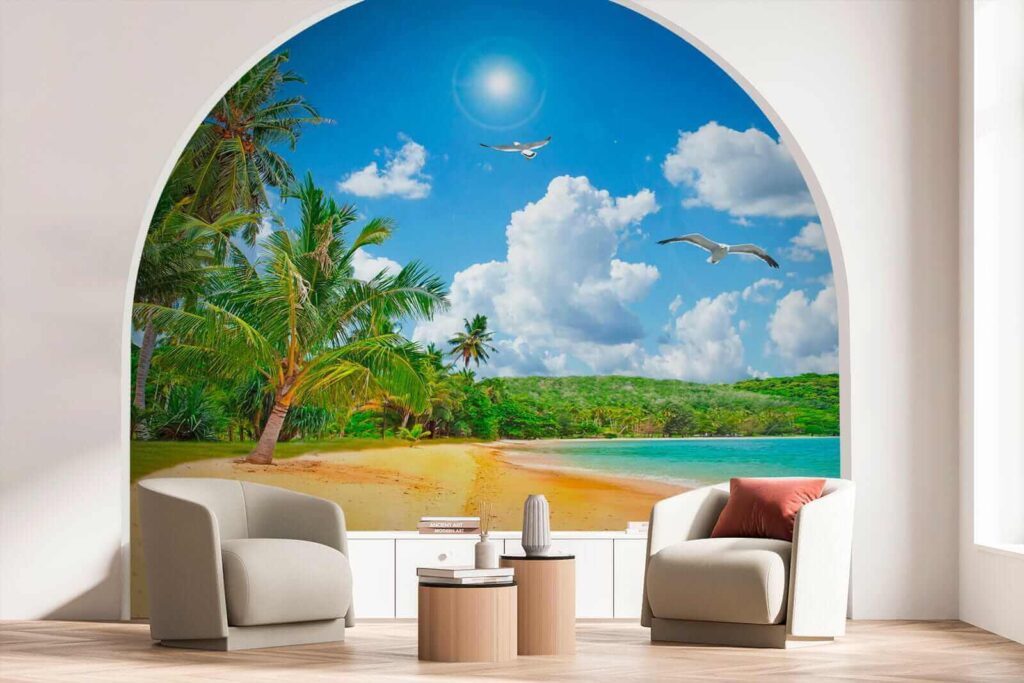 Beach with palm trees and a body of water Beach with palm trees and a body of water