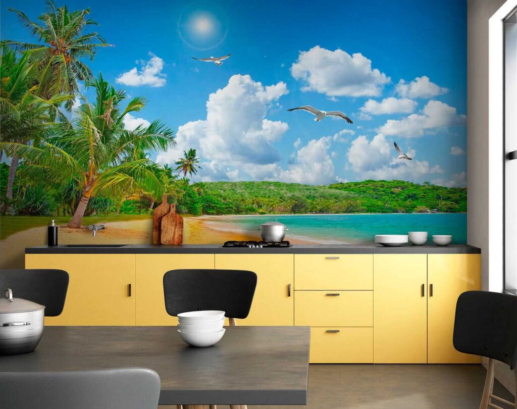 Beach with palm trees and a body of water Beach with palm trees and a body of water
