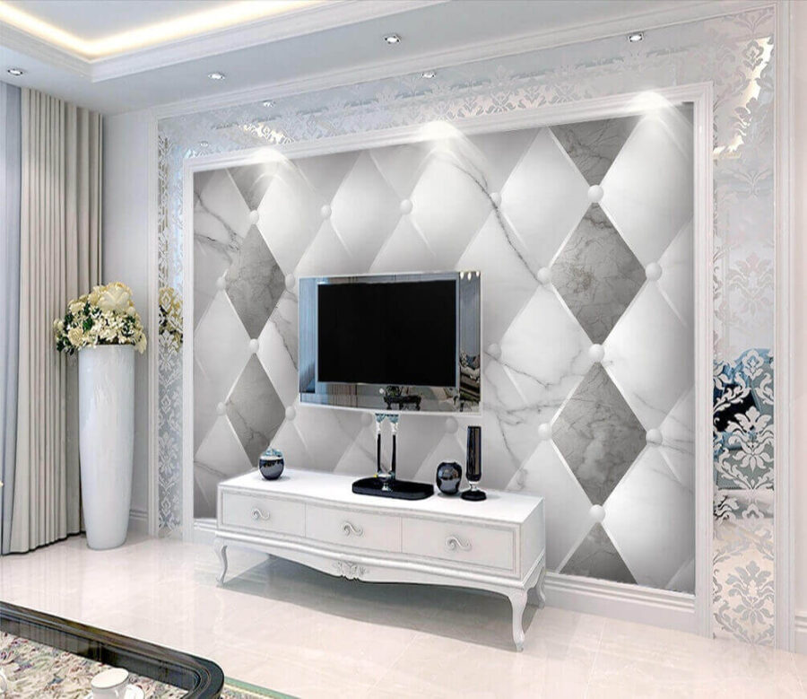 Papier peint Motif en losange blanc et gris