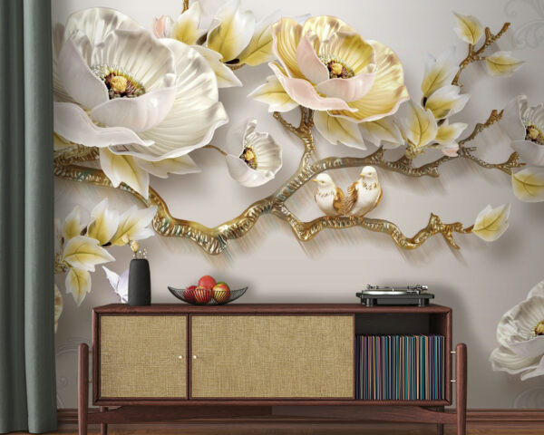 Papier peint avec des fleurs et des oiseaux Papier peint avec des fleurs et des oiseaux