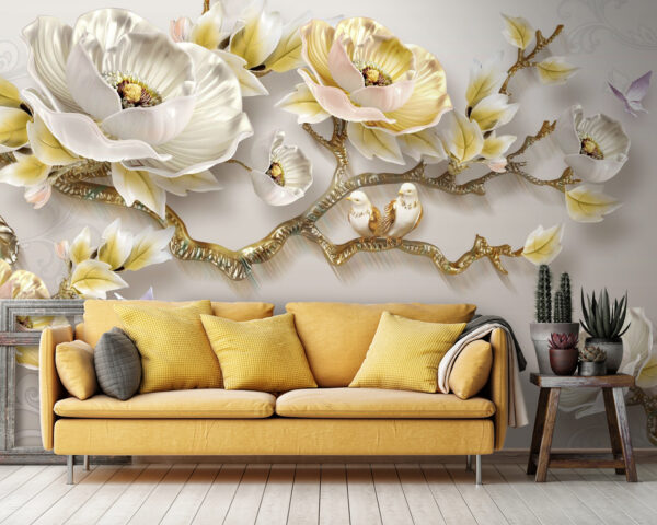 Papier peint avec des fleurs et des oiseaux Papier peint avec des fleurs et des oiseaux