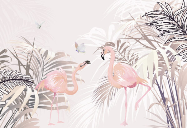 Flamants roses et papillons dans un jardin tropical Flamants roses et papillons dans un jardin tropical