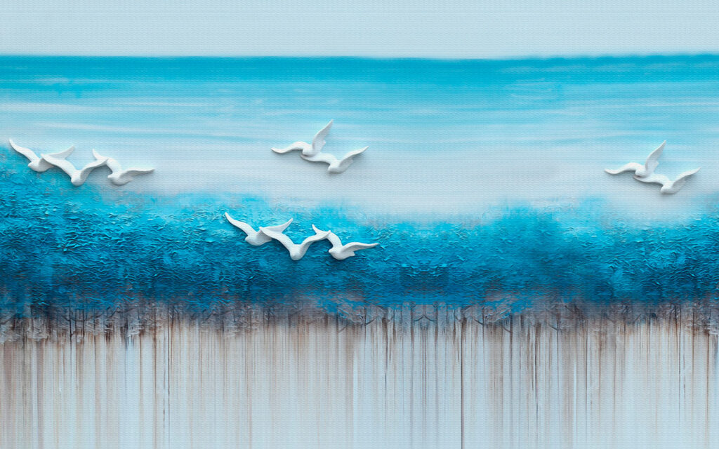 Peinture d'oiseaux volant au-dessus d'un océan bleu Peinture d'oiseaux volant au-dessus d'un océan bleu