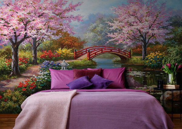 Peinture d'un étang avec un pont et des fleurs Peinture d'un étang avec un pont et des fleurs