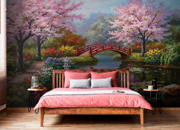 Peinture d'un étang avec un pont et des fleurs Peinture d'un étang avec un pont et des fleurs