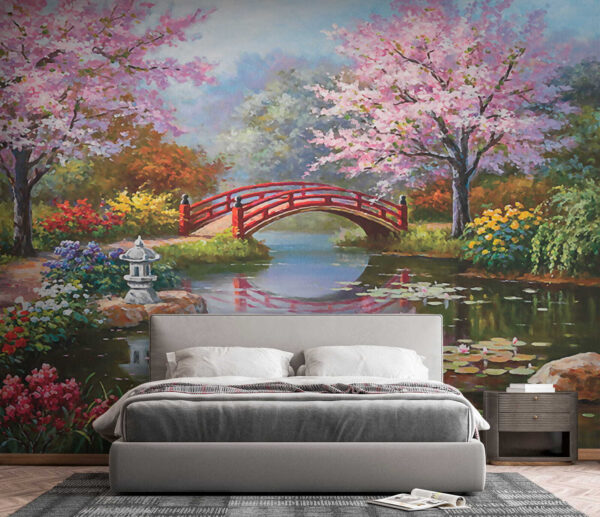 Peinture d'un étang avec un pont et des fleurs Peinture d'un étang avec un pont et des fleurs