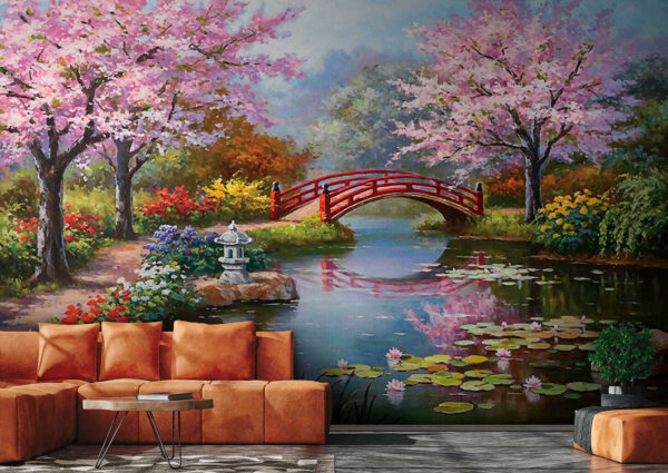 Peinture d'un étang avec un pont et des fleurs Peinture d'un étang avec un pont et des fleurs