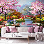 Papier peint Peinture d'un étang avec un pont et des fleurs