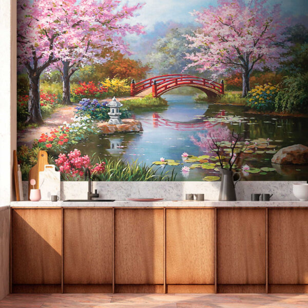 Peinture d'un étang avec un pont et des fleurs Peinture d'un étang avec un pont et des fleurs