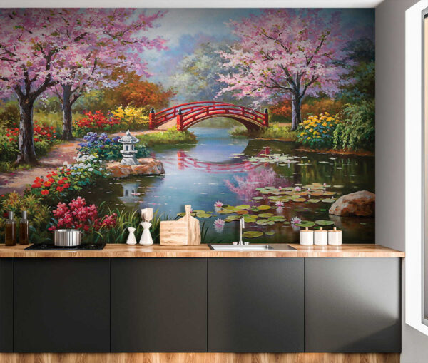 Peinture d'un étang avec un pont et des fleurs Peinture d'un étang avec un pont et des fleurs