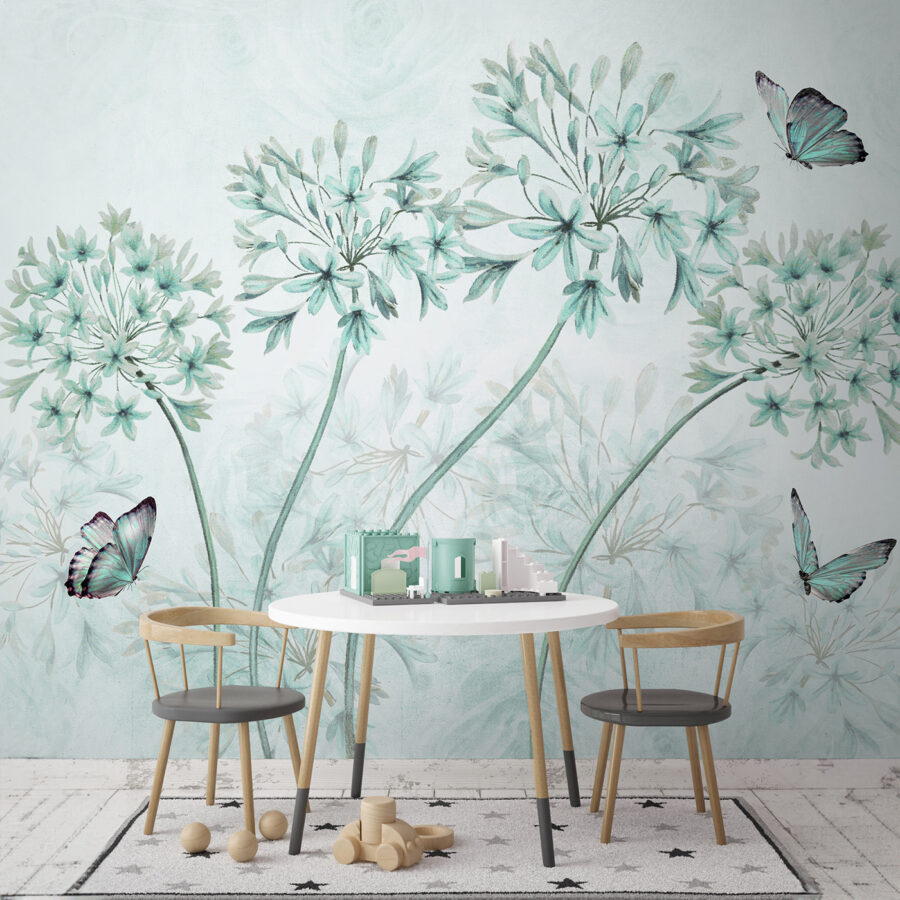 Une peinture de fleurs et de papillons