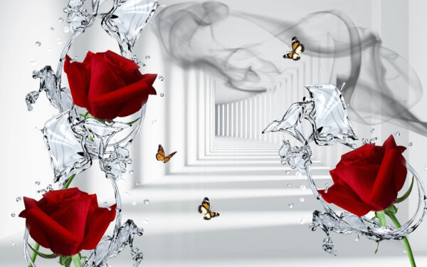 Roses rouges et papillons dans un verre Roses rouges et papillons dans un verre