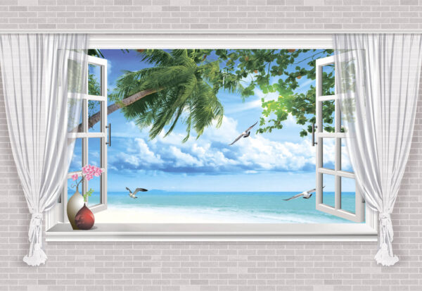 Fenêtre avec vue sur la plage et les oiseaux Fenêtre avec vue sur la plage et les oiseaux