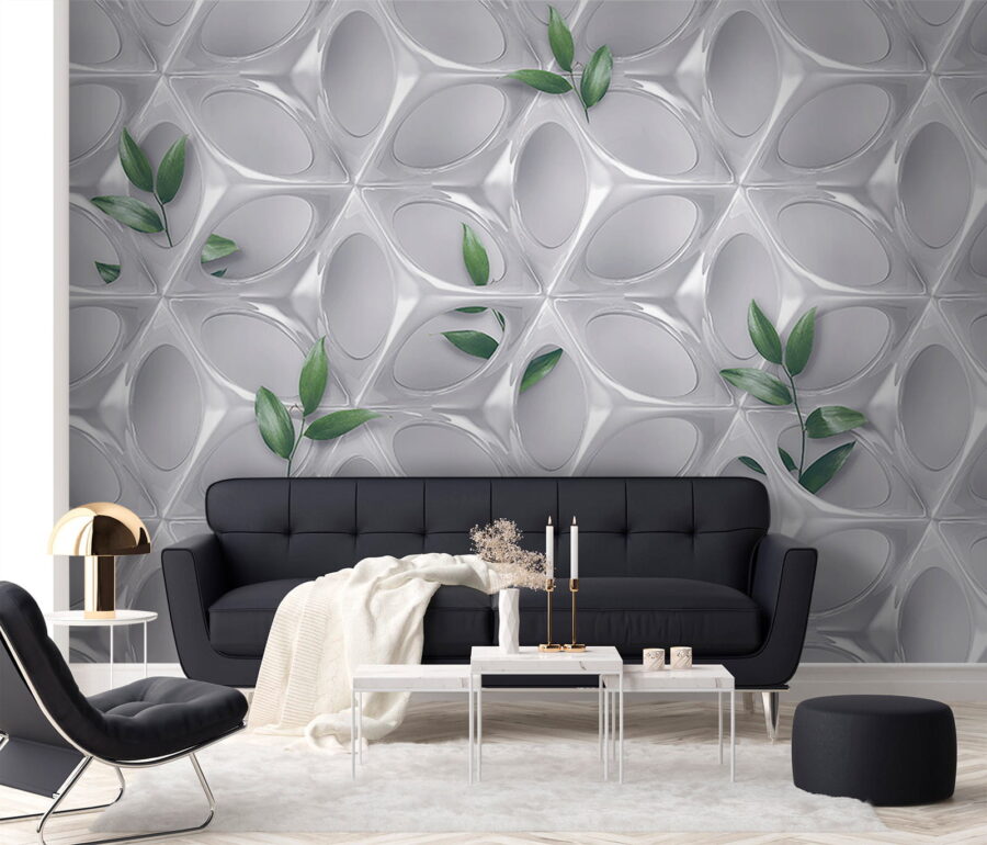 Mur blanc avec des feuilles vertes