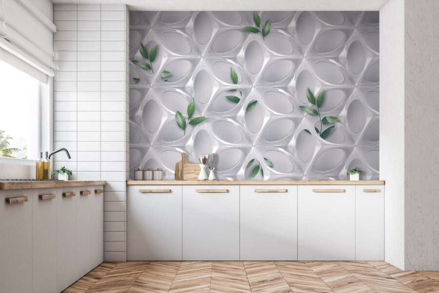 Mur blanc avec des feuilles vertes