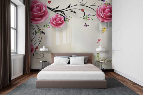 Papier peint avec des roses et des oiseaux Papier peint avec des roses et des oiseaux