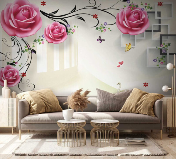Papier peint avec des roses et des oiseaux Papier peint avec des roses et des oiseaux