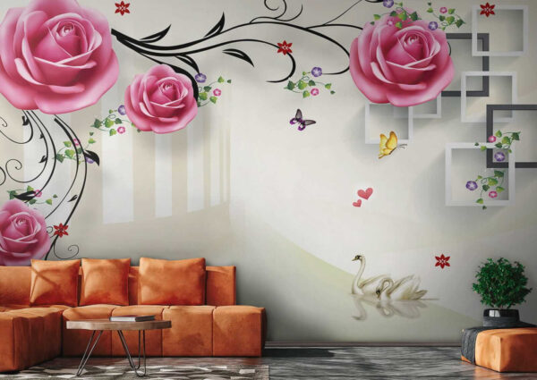 Papier peint avec des roses et des oiseaux Papier peint avec des roses et des oiseaux