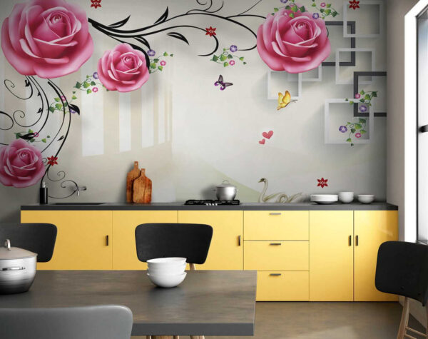 Papier peint avec des roses et des oiseaux Papier peint avec des roses et des oiseaux