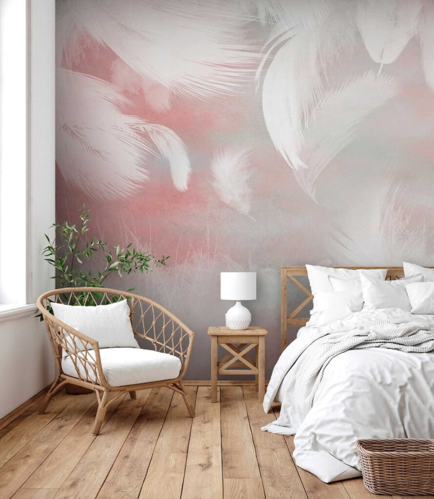 White feathers on a pink background White feathers on a pink background