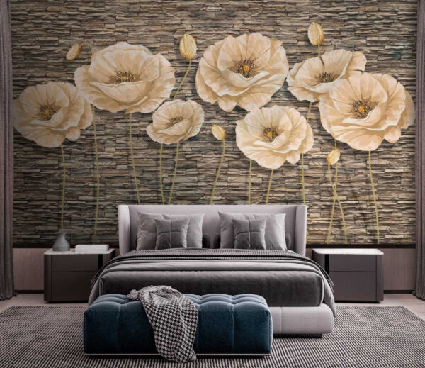 Groupe de fleurs sur un mur de briques Groupe de fleurs sur un mur de briques