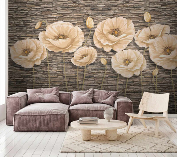 Groupe de fleurs sur un mur de briques Groupe de fleurs sur un mur de briques