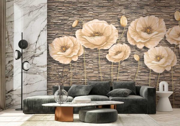 Groupe de fleurs sur un mur de briques Groupe de fleurs sur un mur de briques