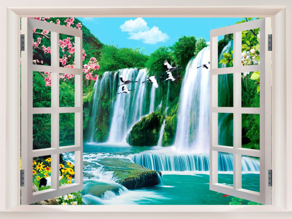 Fenêtre avec une chute d'eau et des oiseaux qui volent à travers elle Fenêtre avec une chute d'eau et des oiseaux qui volent à travers elle