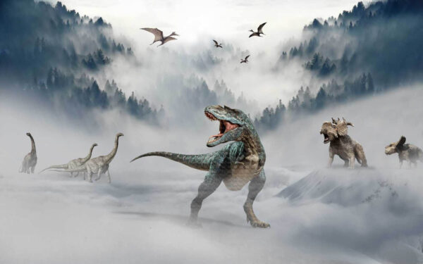 Group of dinosaurs in the snow