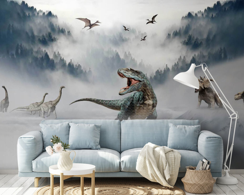 Group of dinosaurs in the snow