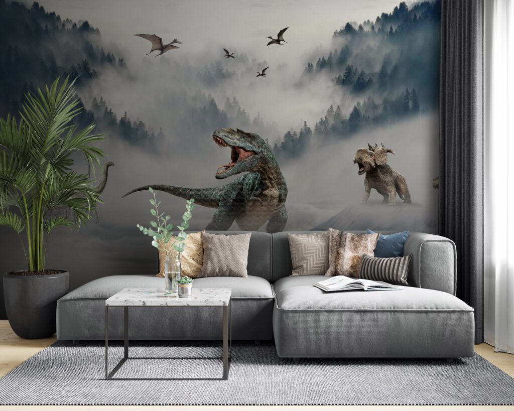 Group of dinosaurs in the snow