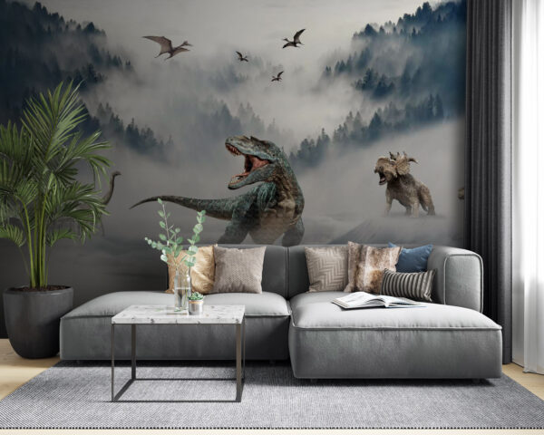 Group of dinosaurs in the snow