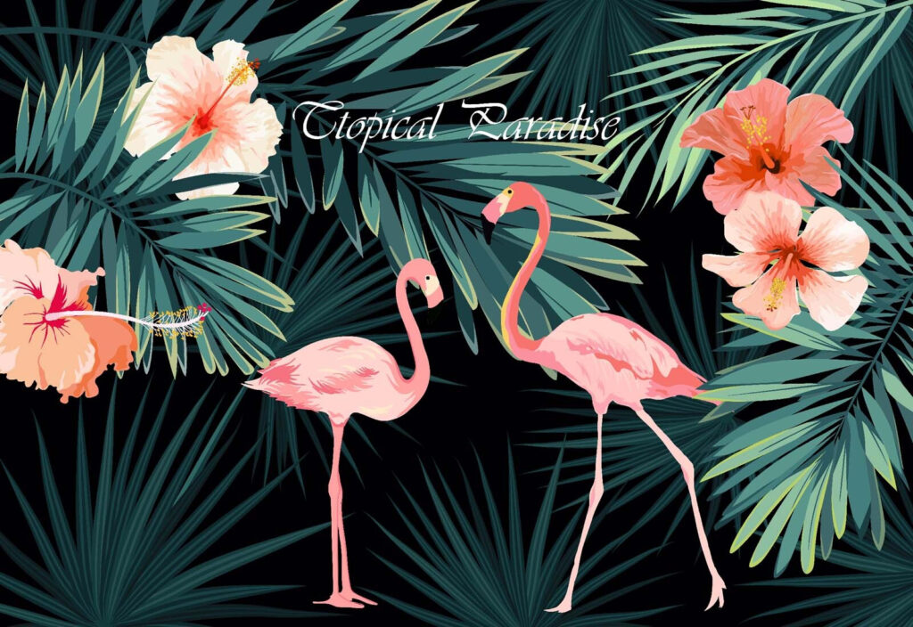 Couple de flamants roses et fleurs Couple de flamants roses et fleurs