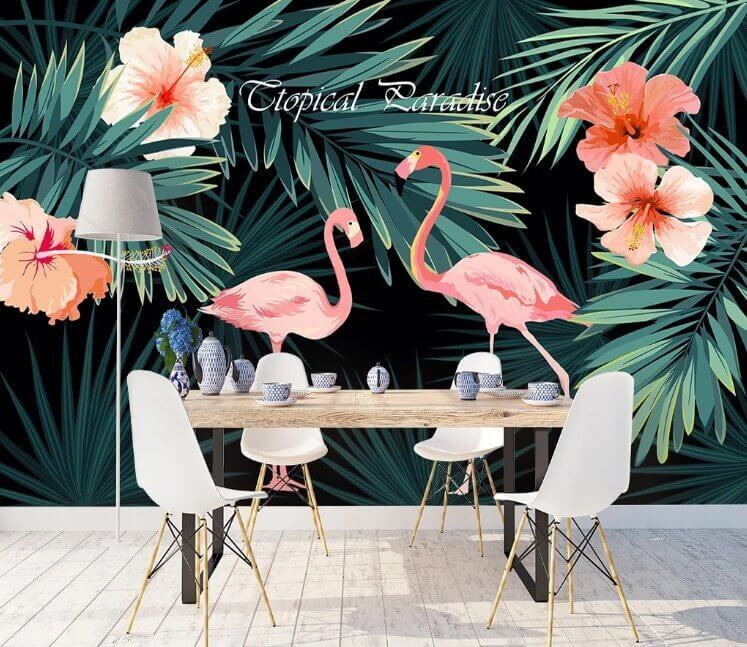 Couple de flamants roses et fleurs Couple de flamants roses et fleurs