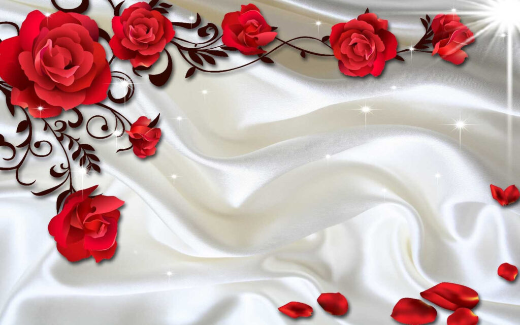 Satin blanc avec roses et pétales rouges Satin blanc avec roses et pétales rouges