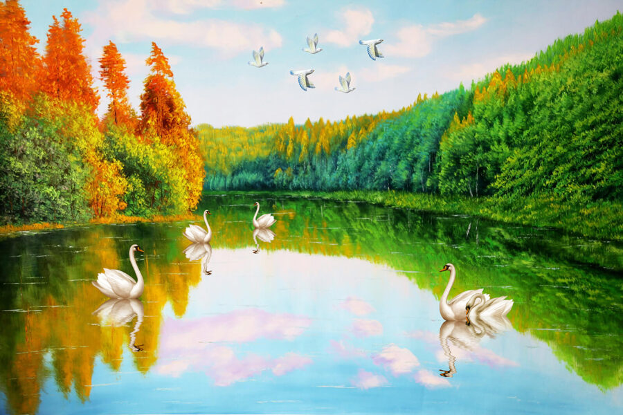 Peinture de cygnes sur un lac