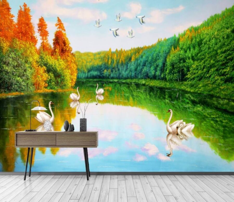 Peinture de cygnes sur un lac