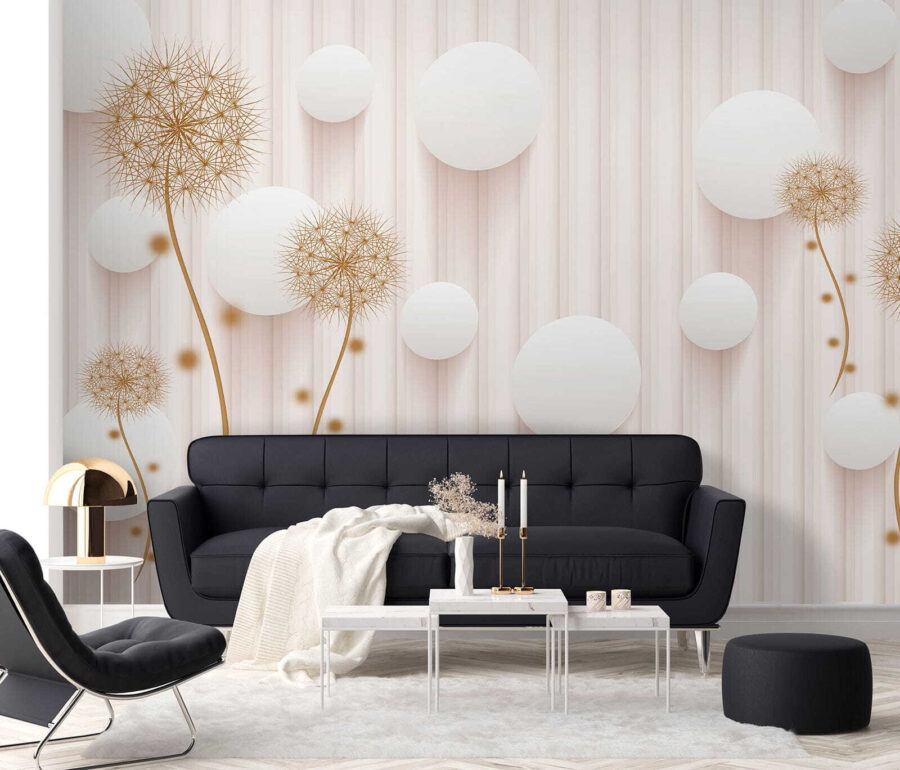 Cercles blancs et pissenlits sur fond blanc