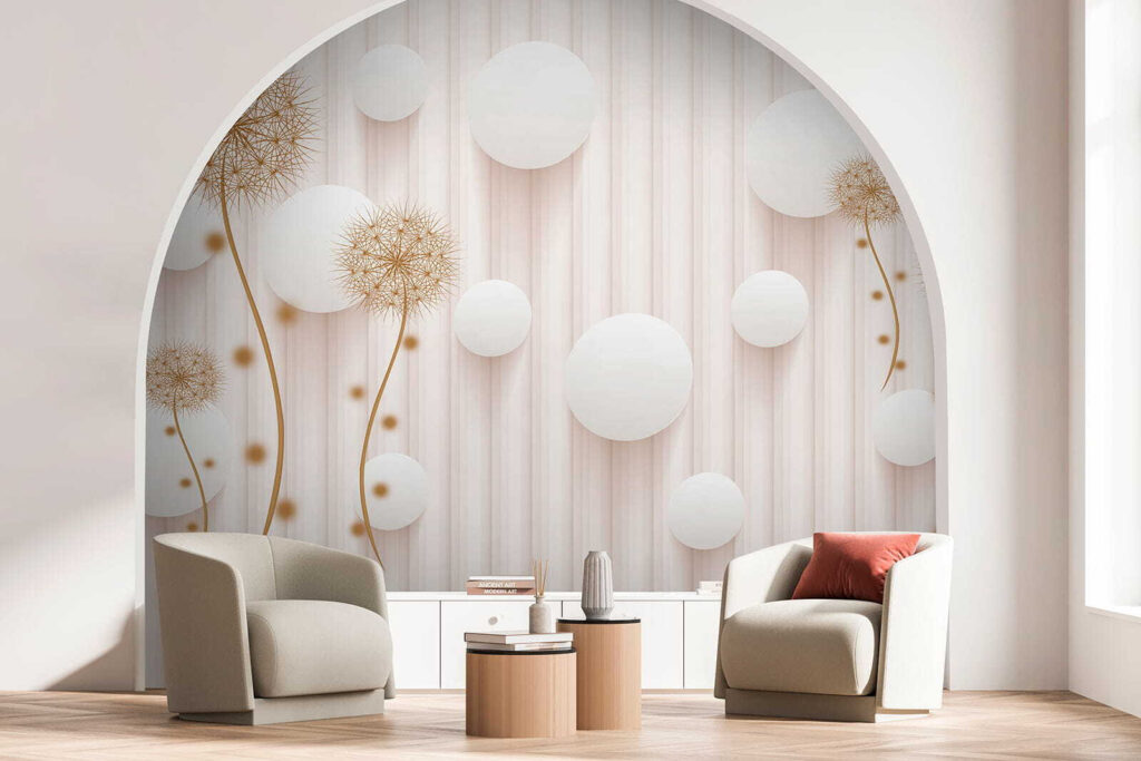 White circles and dandelions on a white background White circles and dandelions on a white background