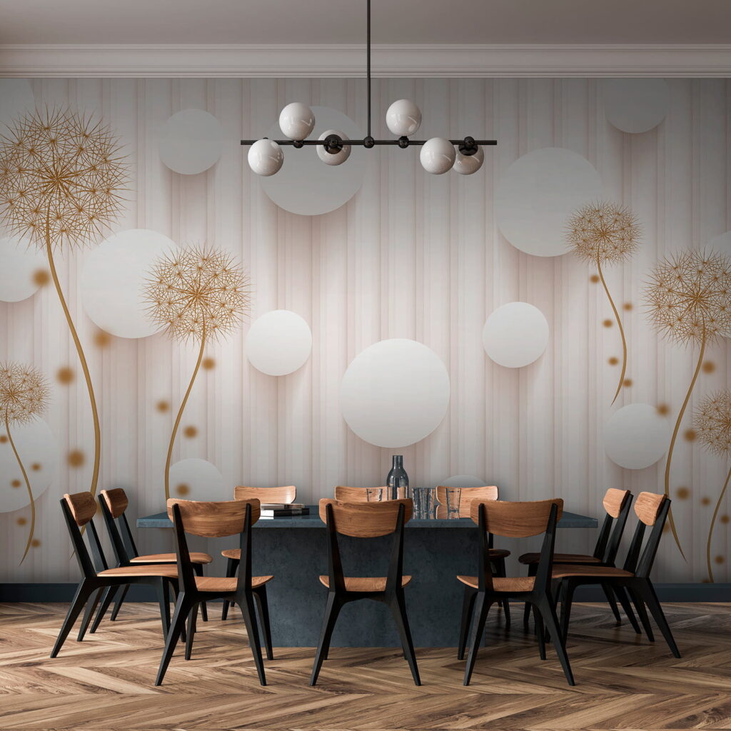 White circles and dandelions on a white background White circles and dandelions on a white background