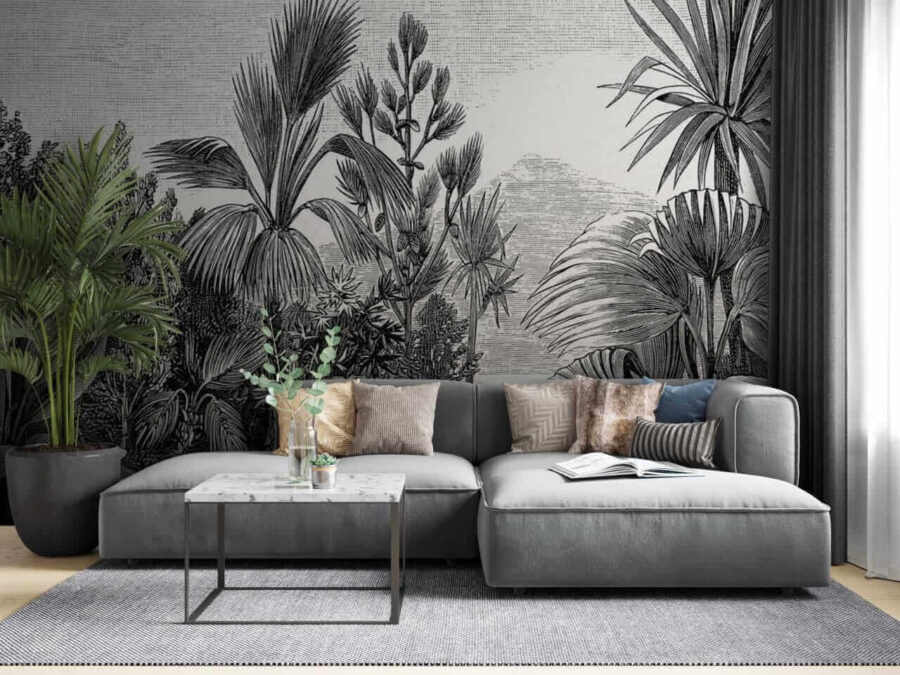Dessin en noir et blanc d'une forêt tropicale