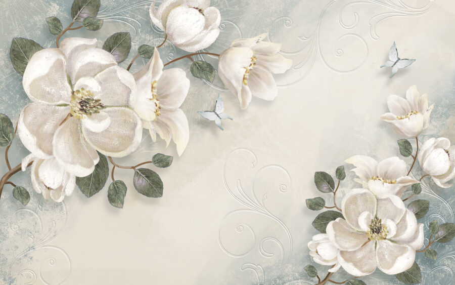Fleurs et feuilles blanches sur fond blanc