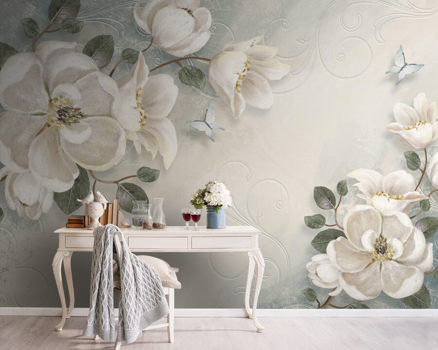 Fleurs et feuilles blanches sur fond blanc
