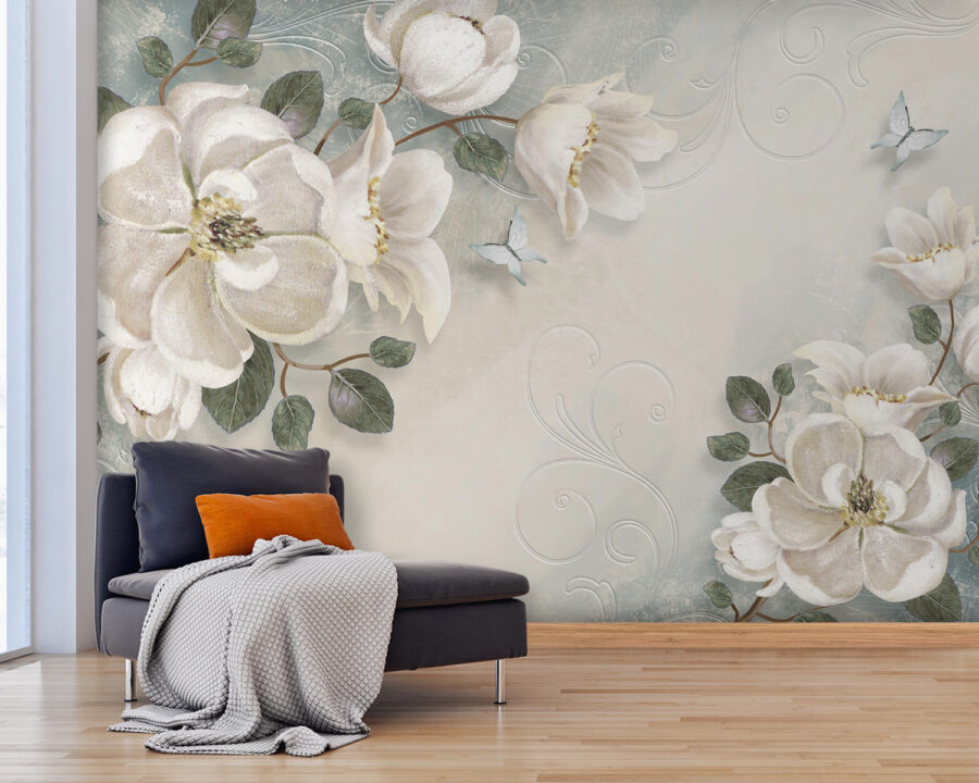 Fleurs et feuilles blanches sur fond blanc