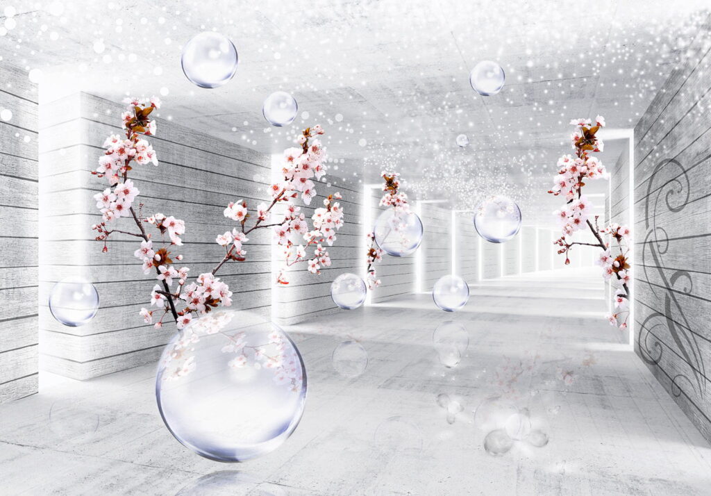 Chambre blanche avec fleurs et bulles Chambre blanche avec fleurs et bulles