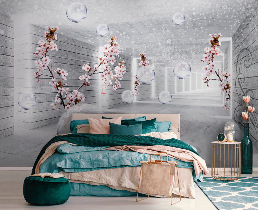 Chambre blanche avec fleurs et bulles